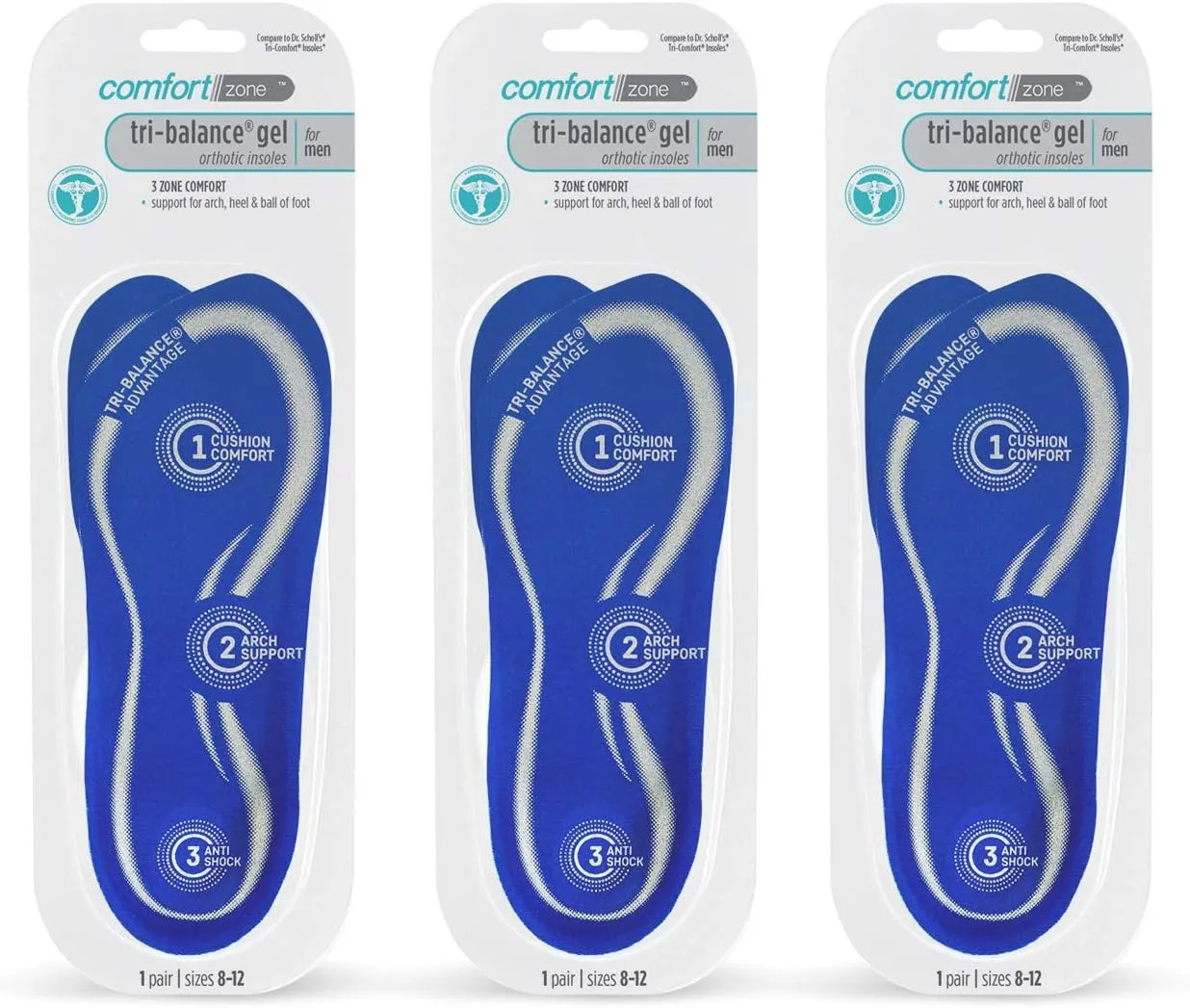 Comfort Zone Tri-Balance Gel Orthotic Insoles for Men, 3/4 Length Inserts for Menâ€™s Shoe Sizes 8-12, 1 Pair (Pack of 3)