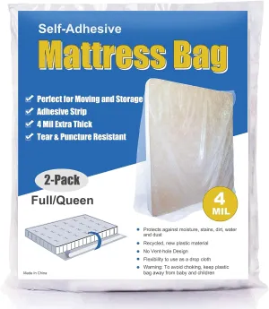 ComfortHome 4 Mil Extra Thick Sealable Mattress Bag with Adhesive Strip for Moving and Storage, Heavy Duty, Fits Twin Full and Queen Size, 2 Pack