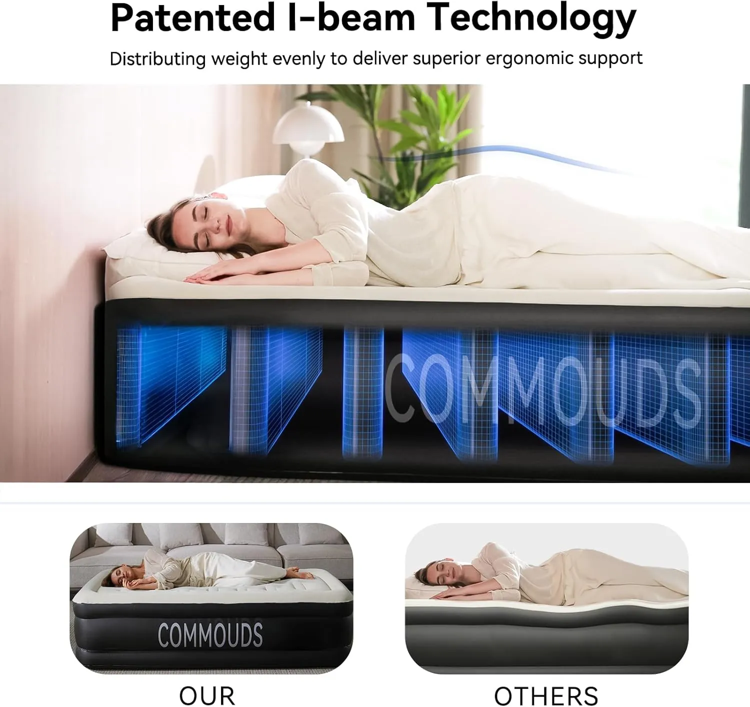 COMMOUDS Queen Air Mattress with 2000mAh Battery Powered Pump, 18" Raised Inflatable Mattress, Portable Blow up Mattress, Air Bed for Camping, Home and Guest