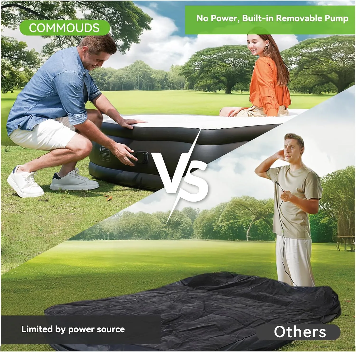 COMMOUDS Queen Air Mattress with 2000mAh Battery Powered Pump, 18" Raised Inflatable Mattress, Portable Blow up Mattress, Air Bed for Camping, Home and Guest