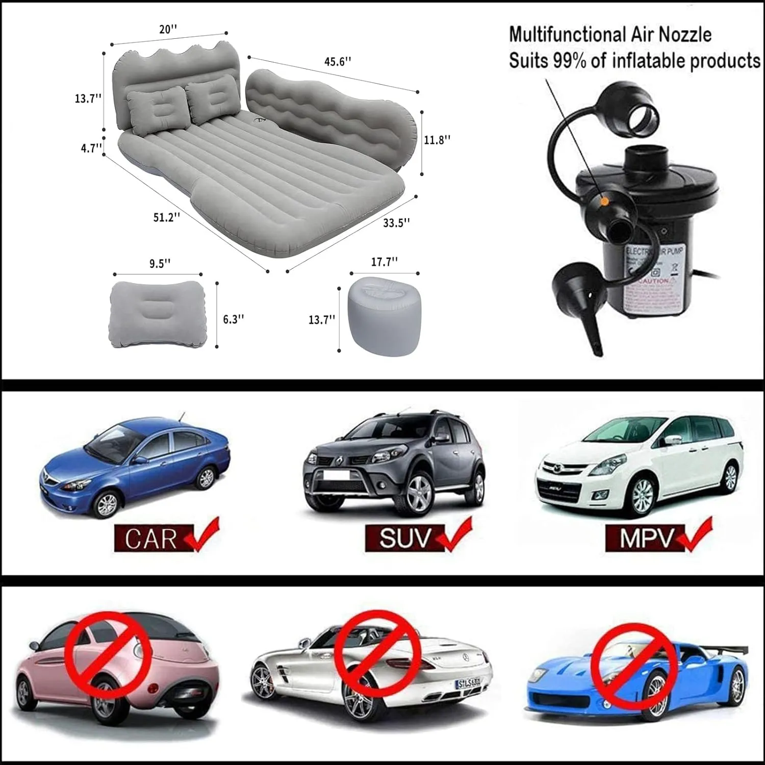 Compatible with Range Rover (L322) 2010-2012, Car Inflatable Mattress Outdoor Camping Back Seat Air Bed Cushion with Air Pump Portable Travel Tool,M