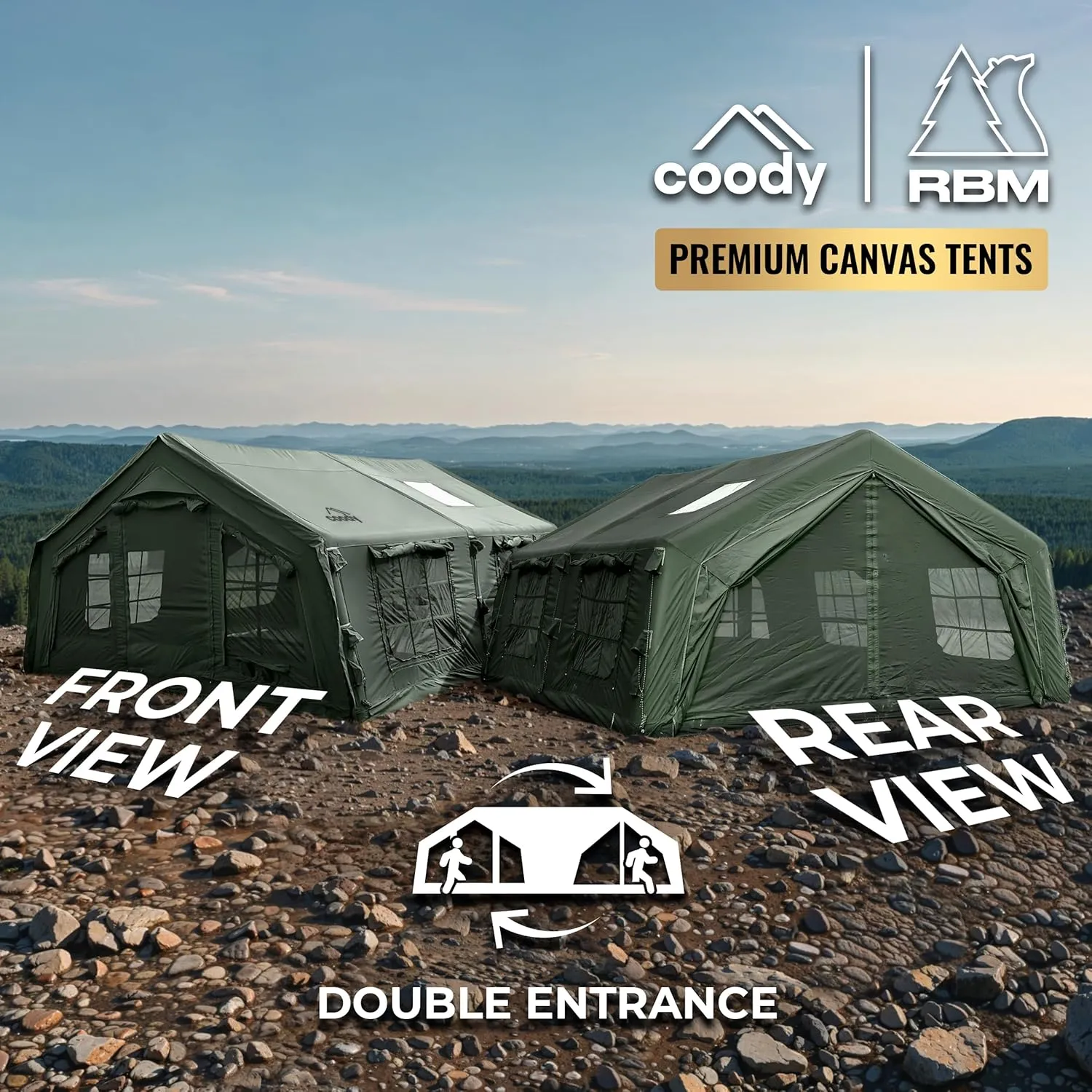 Coody | Rbm Outdoors Koala/Hub/Octopus Inflatable Tents for Camping with Stove Jack, 2/8/10 Person Luxury Canvas Blow Up Tent, 2 Room, Easy Setup Casa de Campaña, Large Inflatable House with Pump