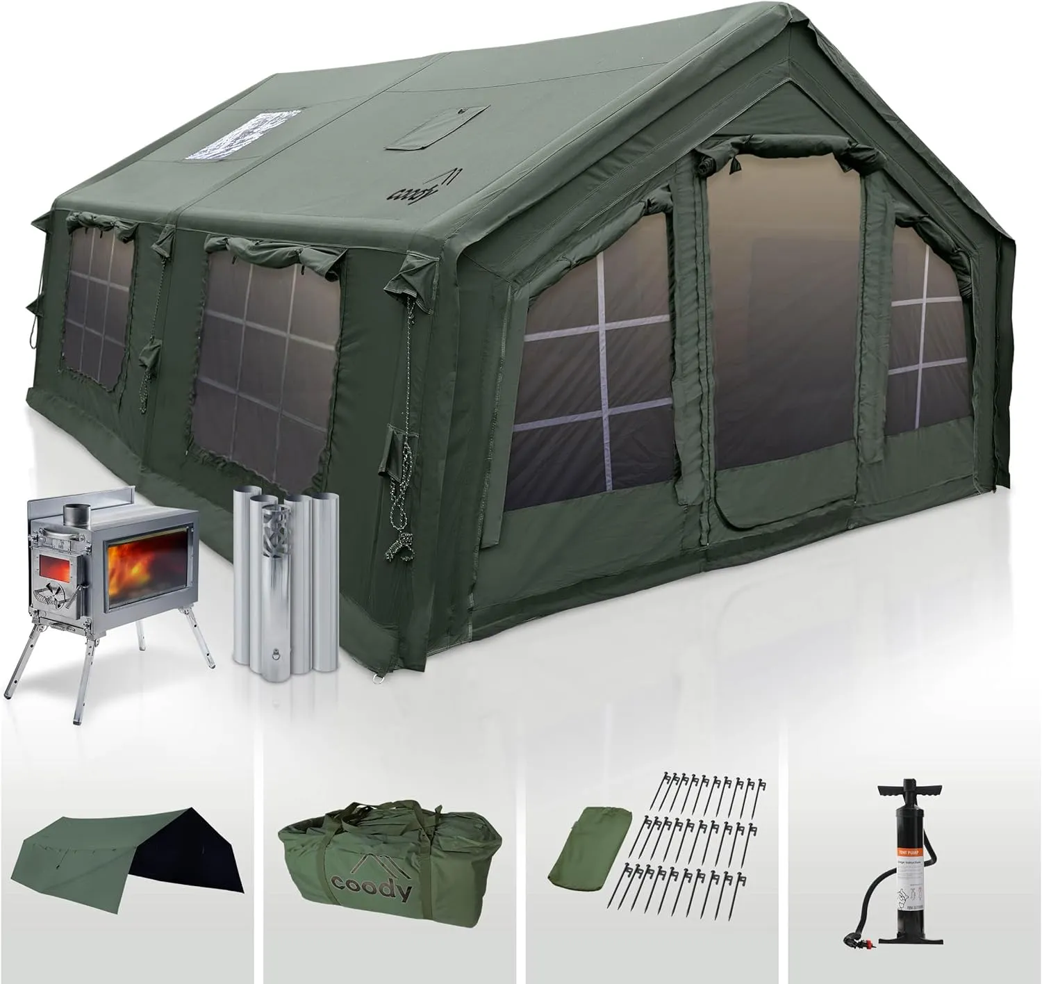 Coody | Rbm Outdoors Koala/Hub/Octopus Inflatable Tents for Camping with Stove Jack, 2/8/10 Person Luxury Canvas Blow Up Tent, 2 Room, Easy Setup Casa de Campaña, Large Inflatable House with Pump