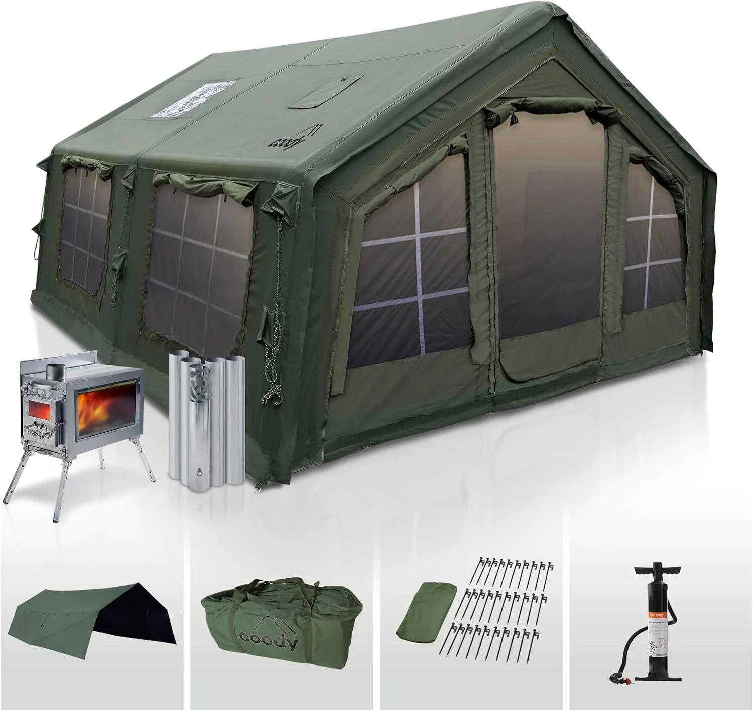 Coody | Rbm Outdoors Koala/Hub/Octopus Inflatable Tents for Camping with Stove Jack, 2/8/10 Person Luxury Canvas Blow Up Tent, 2 Room, Easy Setup Casa de Campaña, Large Inflatable House with Pump
