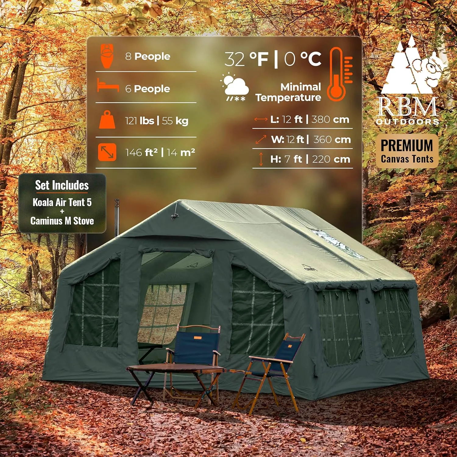 Coody | Rbm Outdoors Koala/Hub/Octopus Inflatable Tents for Camping with Stove Jack, 2/8/10 Person Luxury Canvas Blow Up Tent, 2 Room, Easy Setup Casa de Campaña, Large Inflatable House with Pump