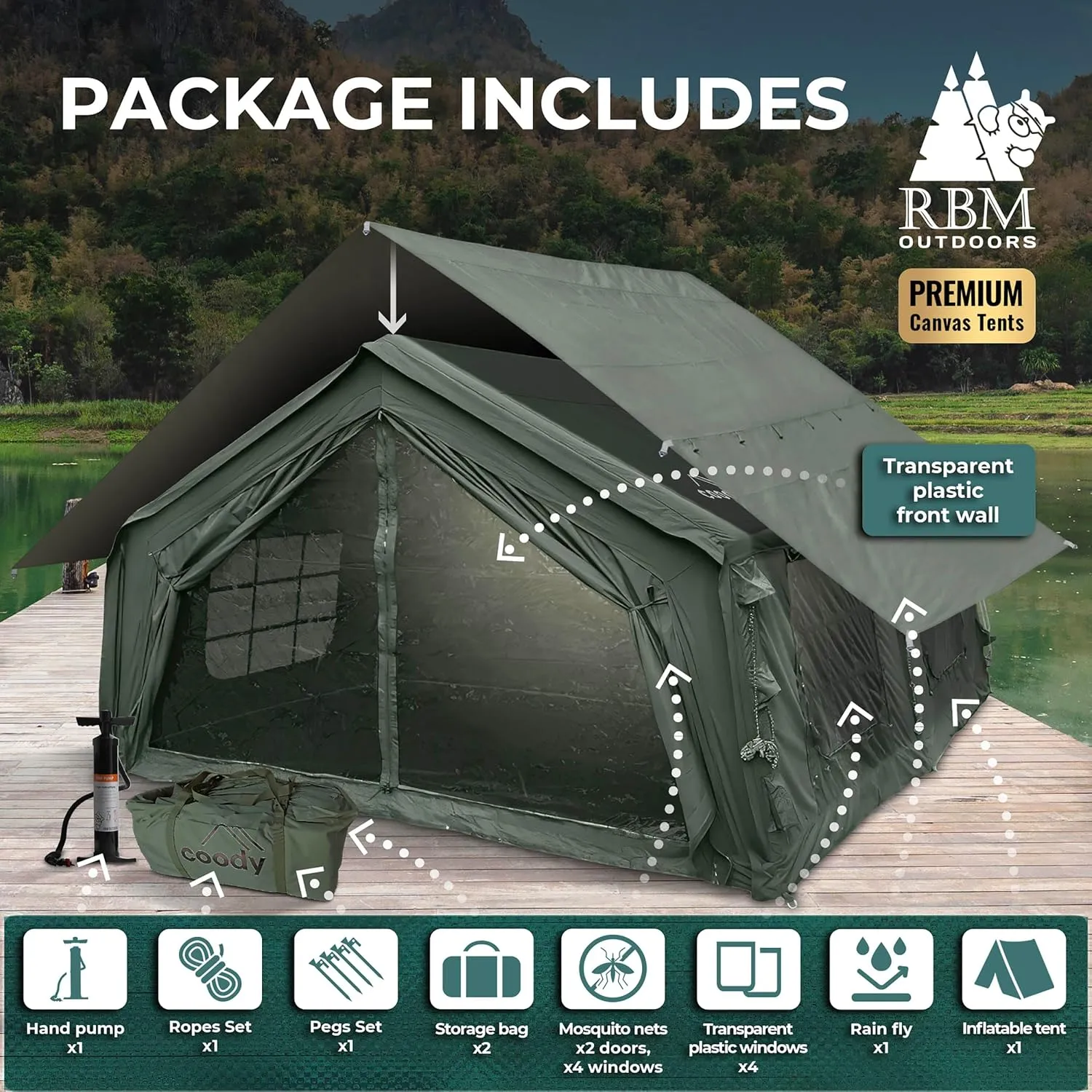 Coody | Rbm Outdoors Koala/Hub/Octopus Inflatable Tents for Camping with Stove Jack, 2/8/10 Person Luxury Canvas Blow Up Tent, 2 Room, Easy Setup Casa de Campaña, Large Inflatable House with Pump