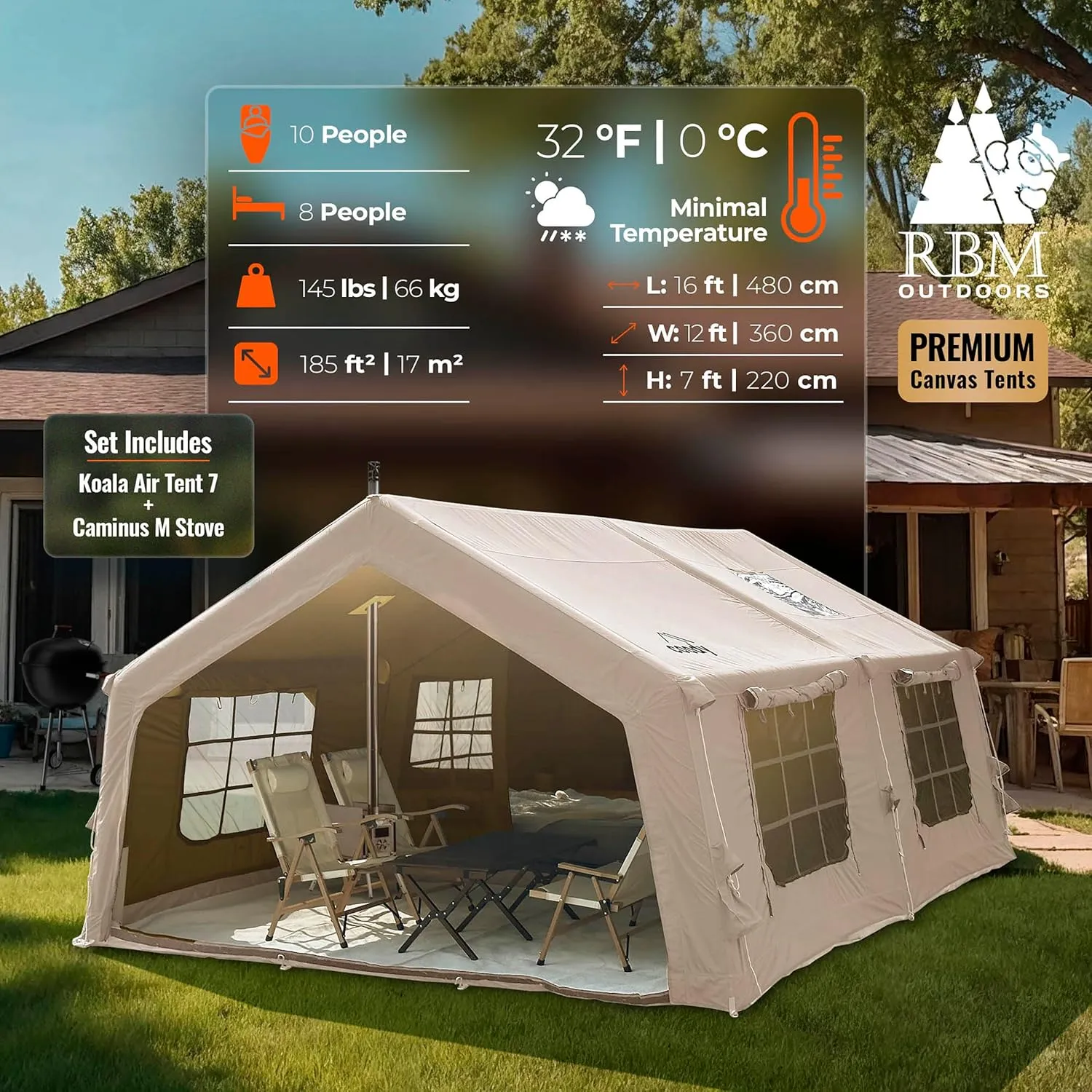 Coody | Rbm Outdoors Koala/Hub/Octopus Inflatable Tents for Camping with Stove Jack, 2/8/10 Person Luxury Canvas Blow Up Tent, 2 Room, Easy Setup Casa de Campaña, Large Inflatable House with Pump