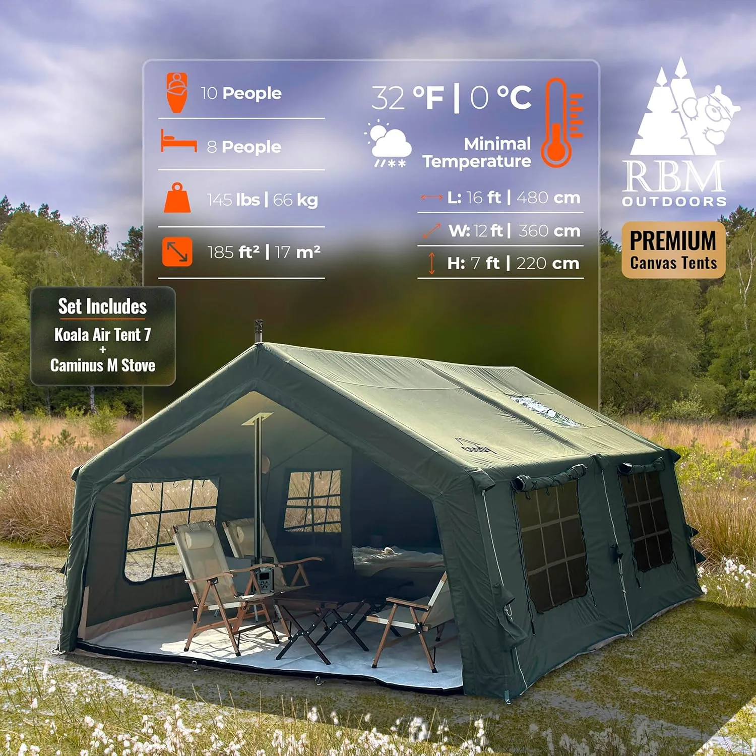Coody | Rbm Outdoors Koala/Hub/Octopus Inflatable Tents for Camping with Stove Jack, 2/8/10 Person Luxury Canvas Blow Up Tent, 2 Room, Easy Setup Casa de Campaña, Large Inflatable House with Pump