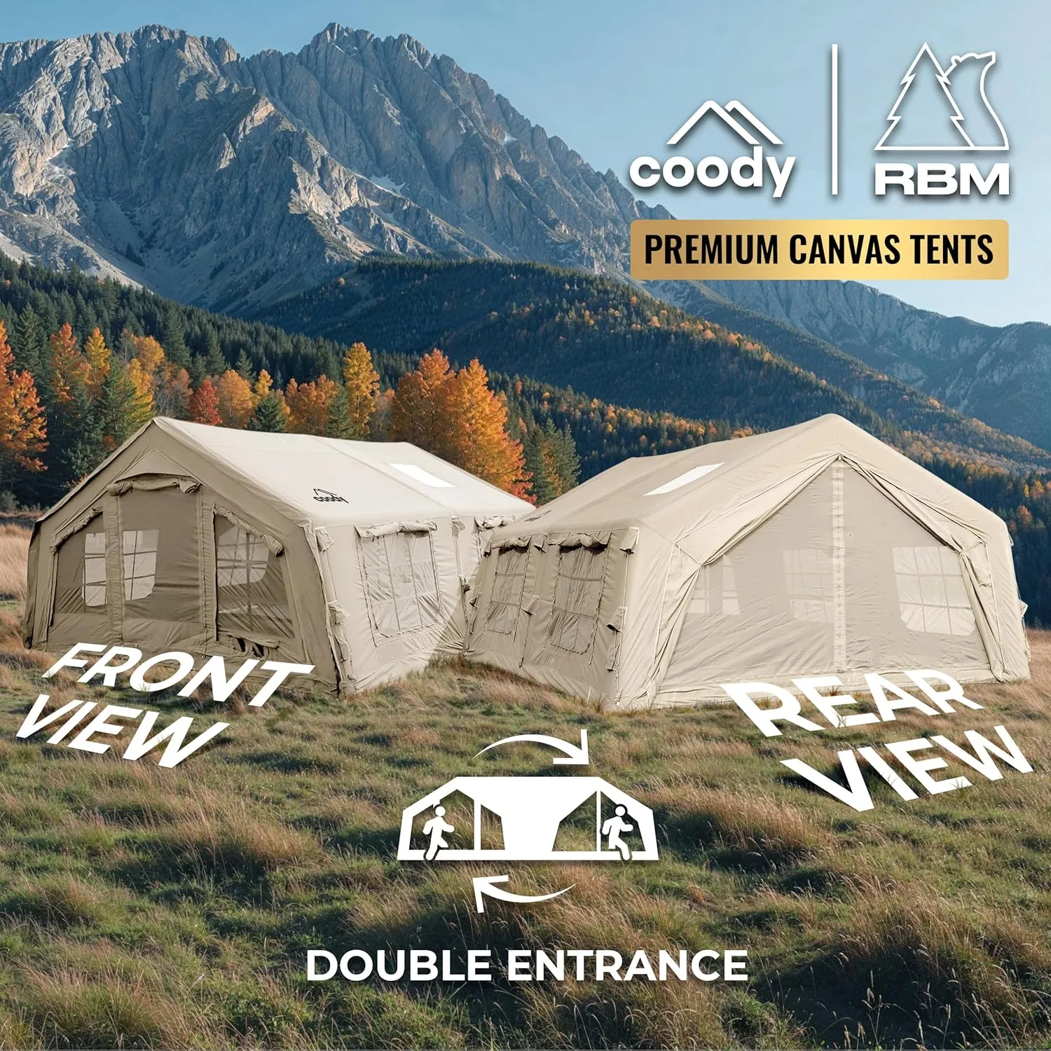 Coody | Rbm Outdoors Koala/Hub/Octopus Inflatable Tents for Camping with Stove Jack, 2/8/10 Person Luxury Canvas Blow Up Tent, 2 Room, Easy Setup Casa de Campaña, Large Inflatable House with Pump