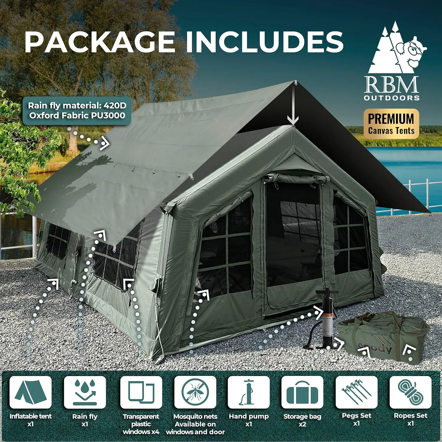 Coody | Rbm Outdoors Koala/Hub/Octopus Inflatable Tents for Camping with Stove Jack, 2/8/10 Person Luxury Canvas Blow Up Tent, 2 Room, Easy Setup Casa de Campaña, Large Inflatable House with Pump