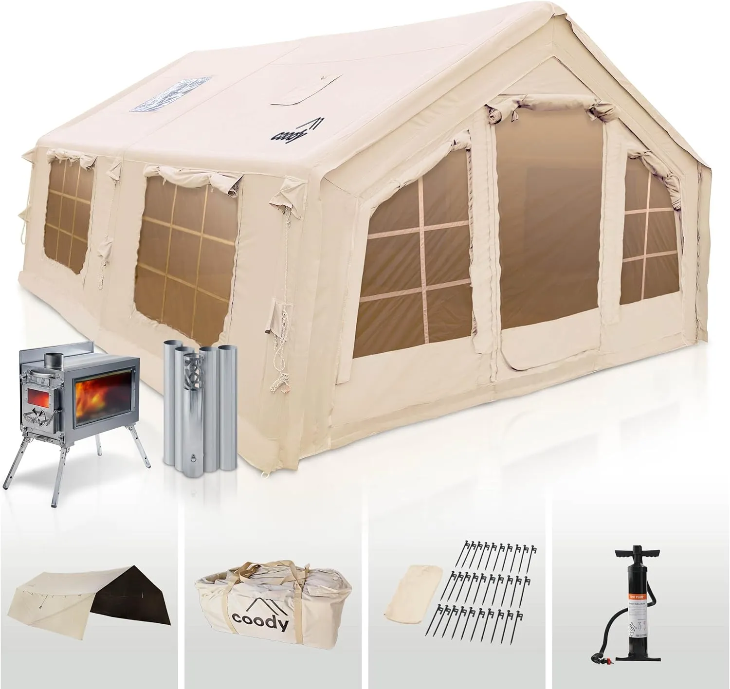 Coody | Rbm Outdoors Koala/Hub/Octopus Inflatable Tents for Camping with Stove Jack, 2/8/10 Person Luxury Canvas Blow Up Tent, 2 Room, Easy Setup Casa de Campaña, Large Inflatable House with Pump