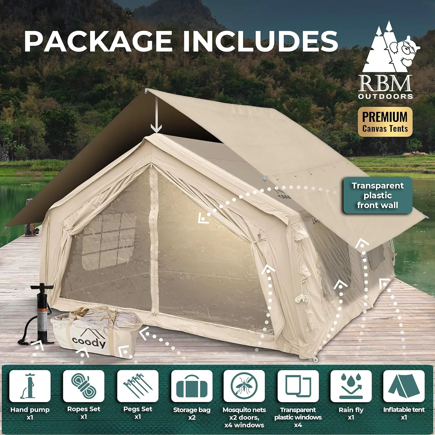 Coody | Rbm Outdoors Koala/Hub/Octopus Inflatable Tents for Camping with Stove Jack, 2/8/10 Person Luxury Canvas Blow Up Tent, 2 Room, Easy Setup Casa de Campaña, Large Inflatable House with Pump