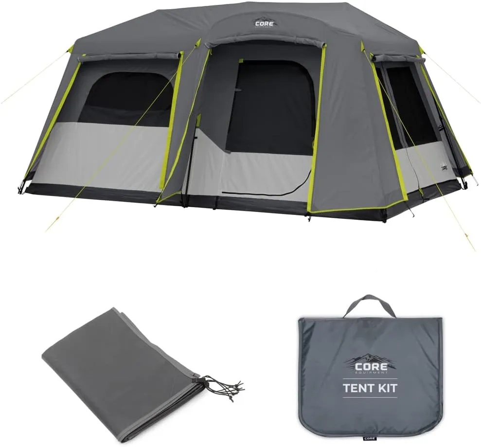 CORE 9 Person Instant Cabin Tent with Full Rainfly with Footprint and Tent Kit