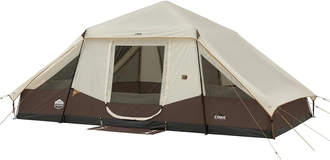 CORE Instant Cabin Tent with LED Lights | Large Family Lighted Pop Up Tent with Carry Bag for Camping, Glamping, and Backyard Adventures | Included Storage Pockets for Camp Accessories