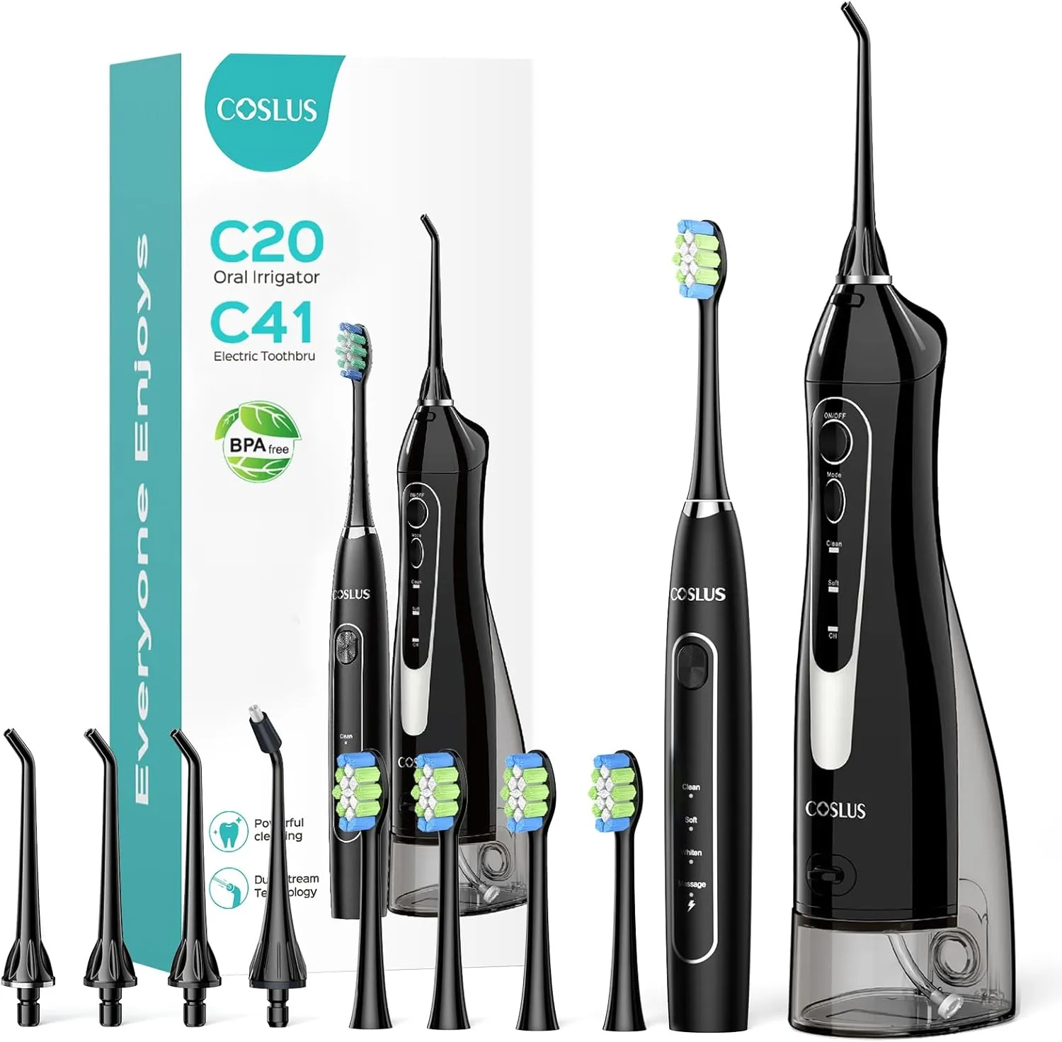 COSLUS Professional Water Flosser & Electric Toothbrush Combo for Teeth, Braces, Gums Care - Simple & Easy to Use, Rechargeable, Waterproof, Cordless & Portable for Travel, BPA-Free, Black, C20 & C41