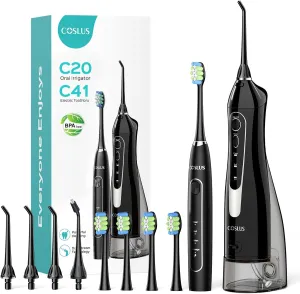 COSLUS Professional Water Flosser & Electric Toothbrush Combo for Teeth, Braces, Gums Care - Simple & Easy to Use, Rechargeable, Waterproof, Cordless & Portable for Travel, BPA-Free, Black, C20 & C41