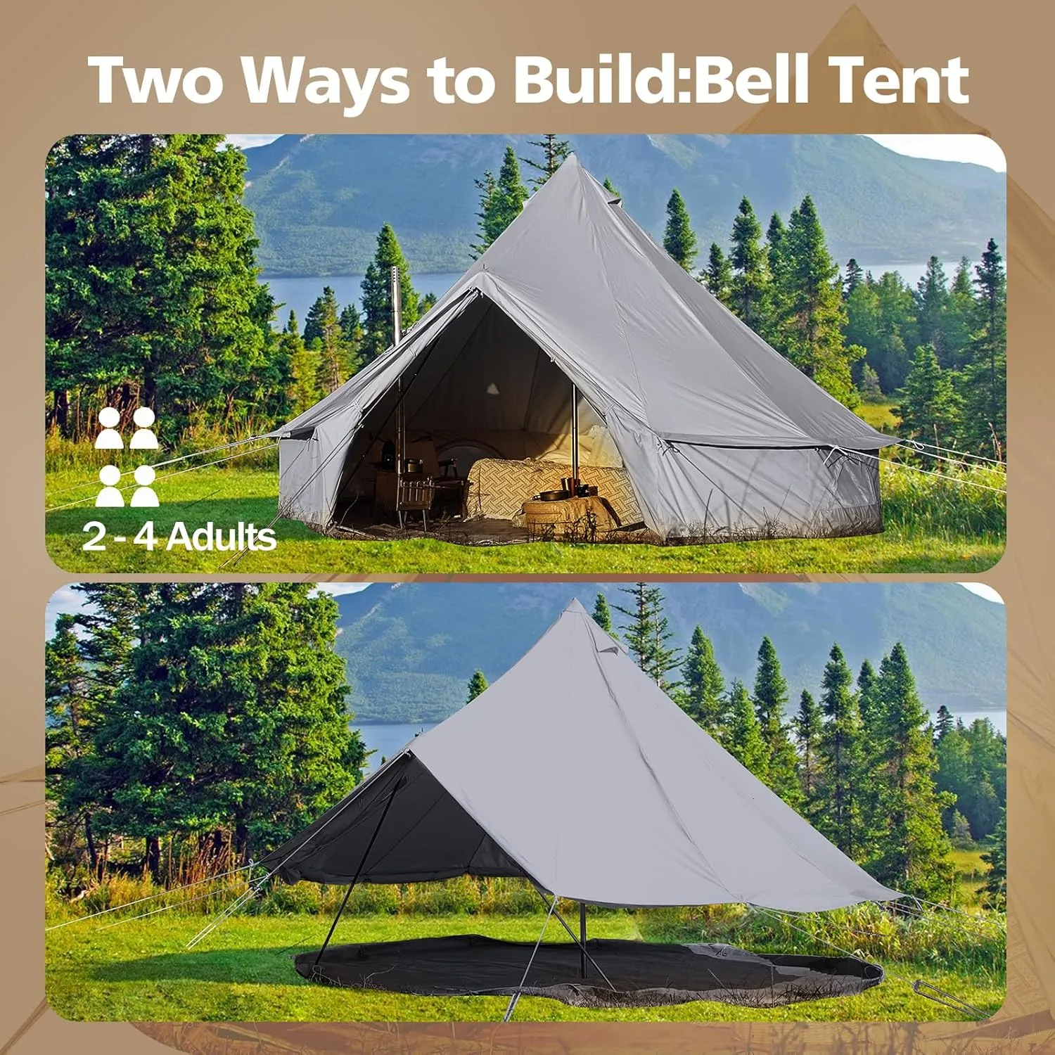 Cotton Canvas Bell Tent, Waterproof Large Tents with Sturdy Center & Door Pole and Space for 4/6/8 Person All 4 Season Camping Yurt Tent