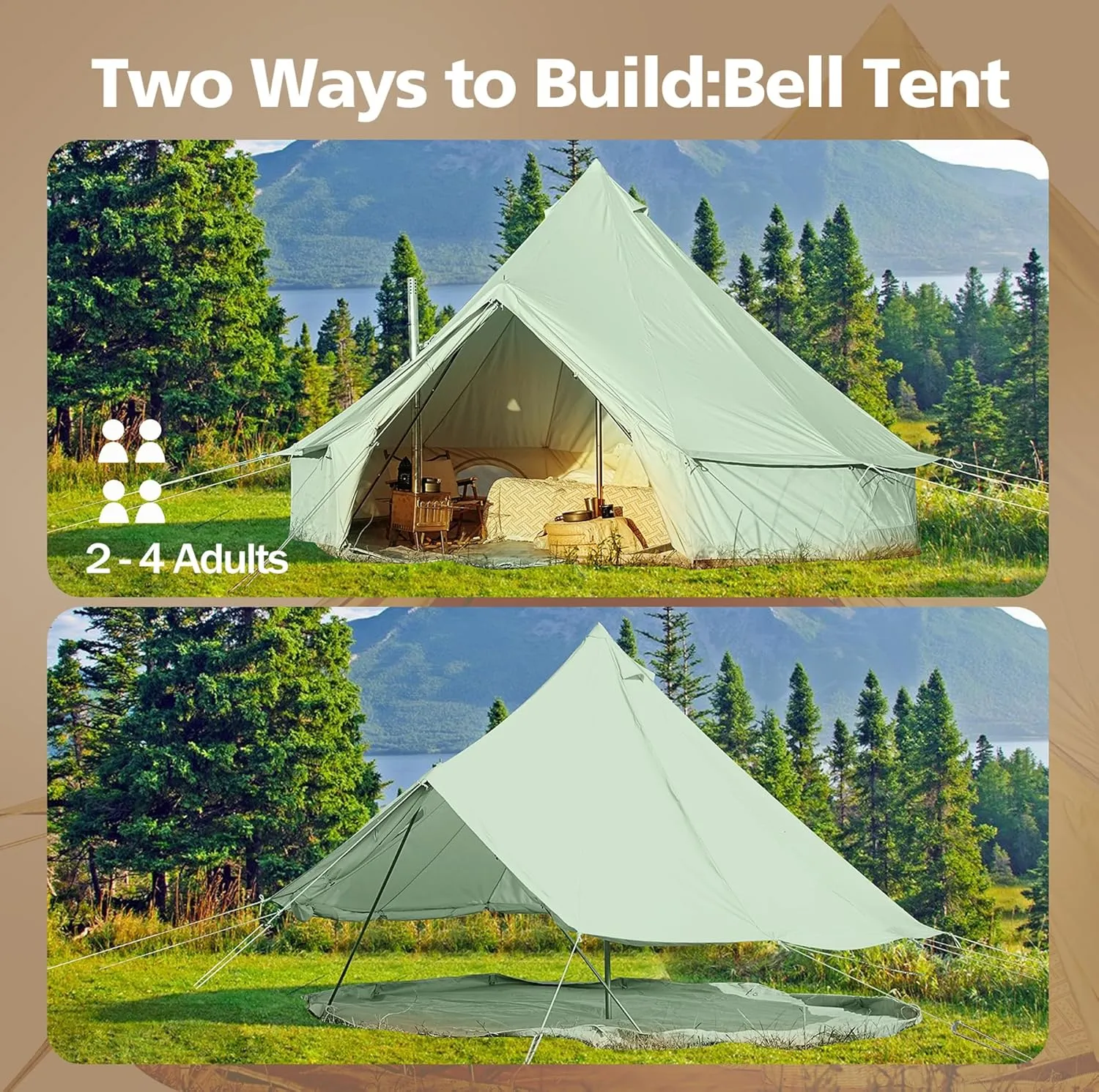Cotton Canvas Bell Tent, Waterproof Large Tents with Sturdy Center & Door Pole and Space for 4/6/8 Person All 4 Season Camping Yurt Tent