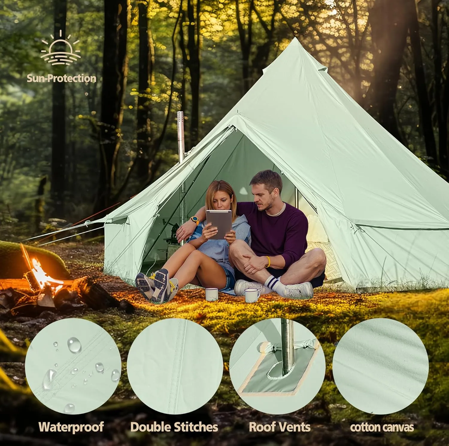 Cotton Canvas Bell Tent, Waterproof Large Tents with Sturdy Center & Door Pole and Space for 4/6/8 Person All 4 Season Camping Yurt Tent