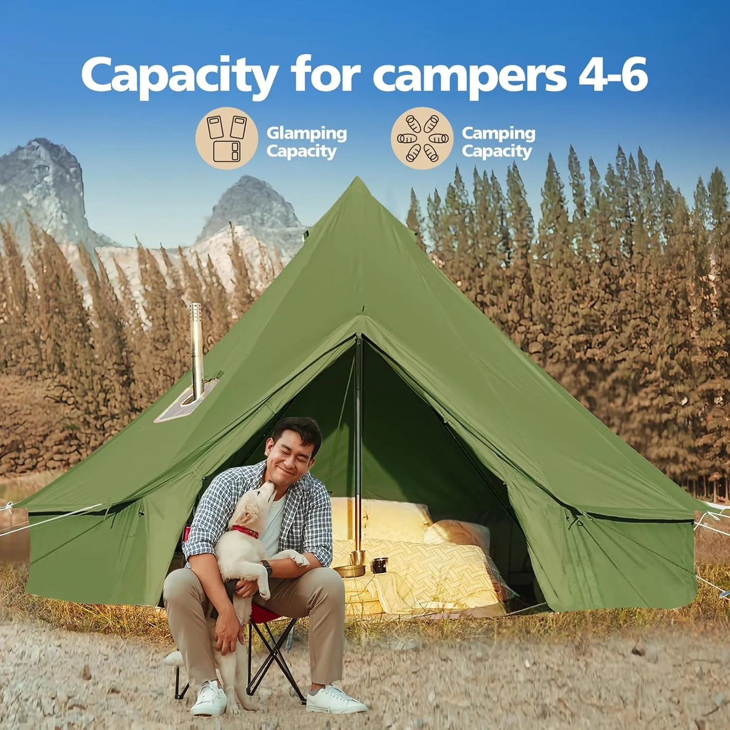 Cotton Canvas Bell Tent, Waterproof Large Tents with Sturdy Center & Door Pole and Space for 4/6/8 Person All 4 Season Camping Yurt Tent