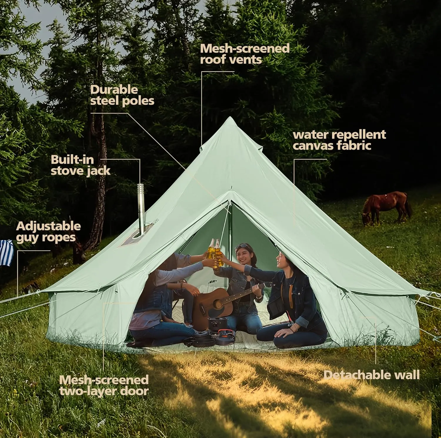 Cotton Canvas Bell Tent, Waterproof Large Tents with Sturdy Center & Door Pole and Space for 4/6/8 Person All 4 Season Camping Yurt Tent