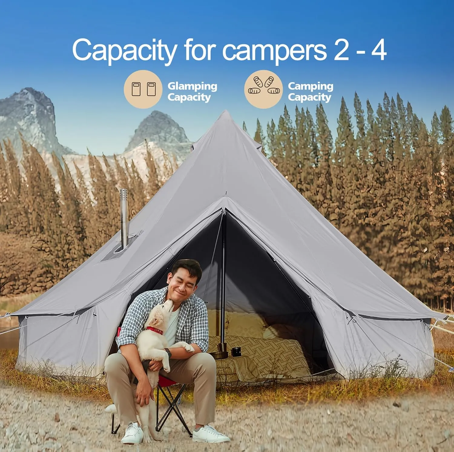 Cotton Canvas Bell Tent, Waterproof Large Tents with Sturdy Center & Door Pole and Space for 4/6/8 Person All 4 Season Camping Yurt Tent