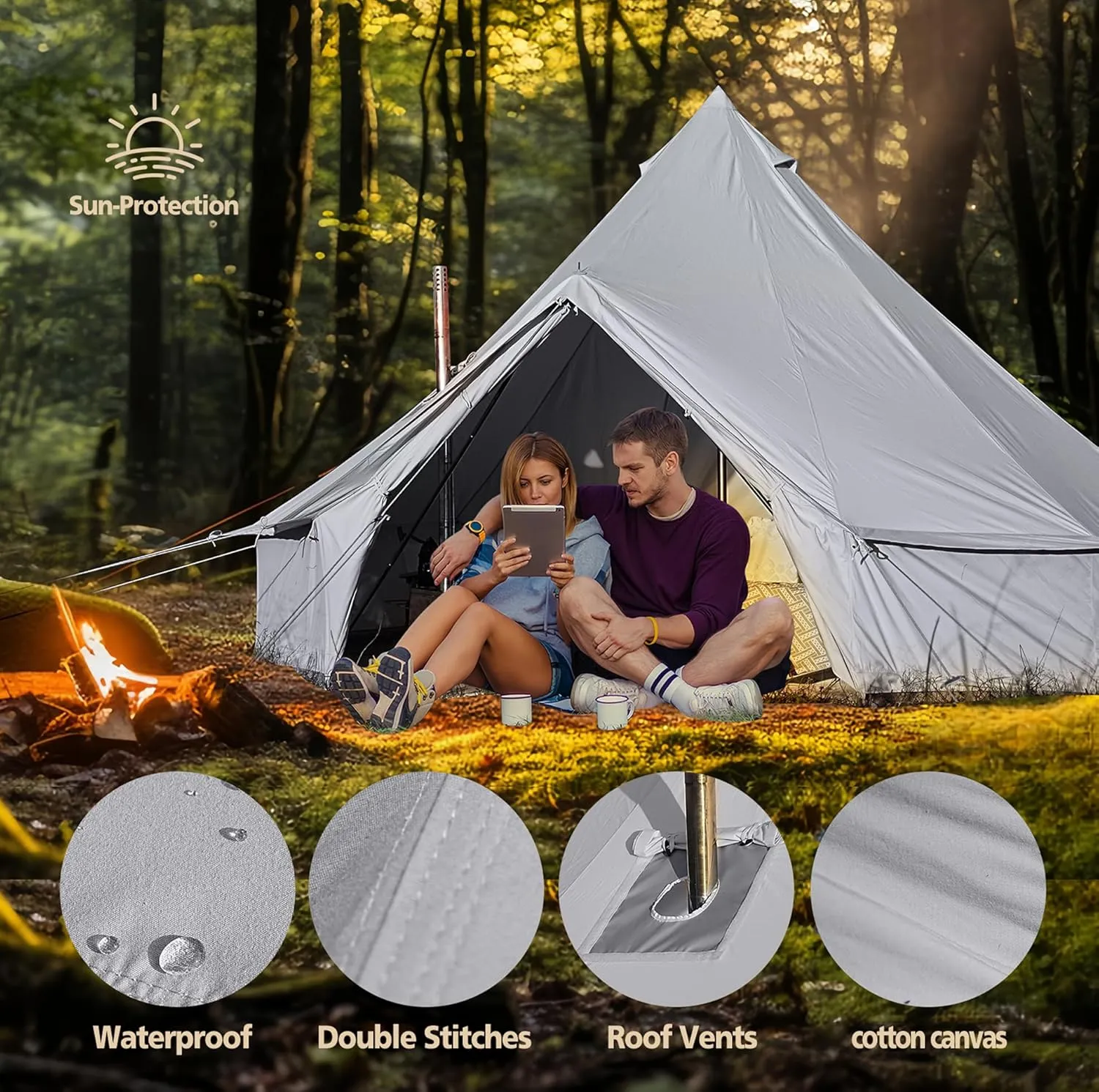 Cotton Canvas Bell Tent, Waterproof Large Tents with Sturdy Center & Door Pole and Space for 4/6/8 Person All 4 Season Camping Yurt Tent