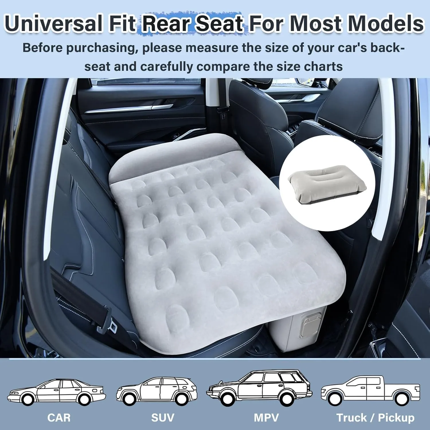 Coverado Car Air Mattress Back Seat, Portable Wireless Car Inflatable Bed with Built in Air Pump&Pllow, Storage Bag, Patch Kit, Universal Car Back Seat Bed Sleeping Pad Fit Most Car Suvs, L-51,W-32