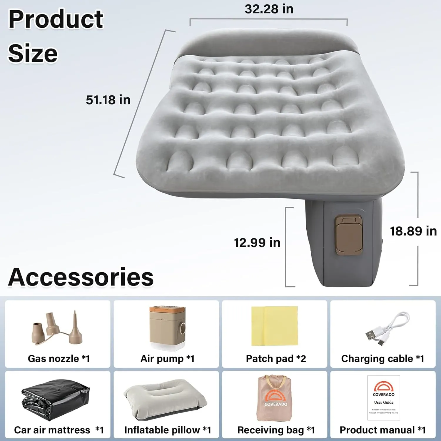 Coverado Car Air Mattress Back Seat, Portable Wireless Car Inflatable Bed with Built in Air Pump&Pllow, Storage Bag, Patch Kit, Universal Car Back Seat Bed Sleeping Pad Fit Most Car Suvs, L-51,W-32