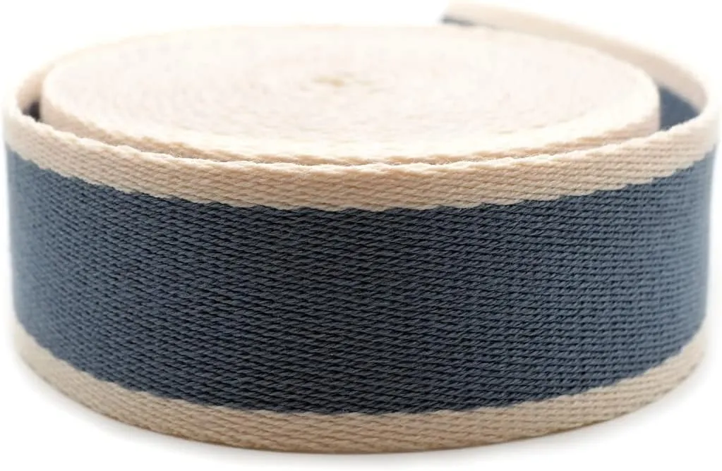 CRAFTMEMORE 1 1/2 Inches Cotton Webbing Strap, Two Tone Heavy Webbing Straps for Arts and Crafts, Luxury Bag Strap (5 Yards, Blue-Ivory)