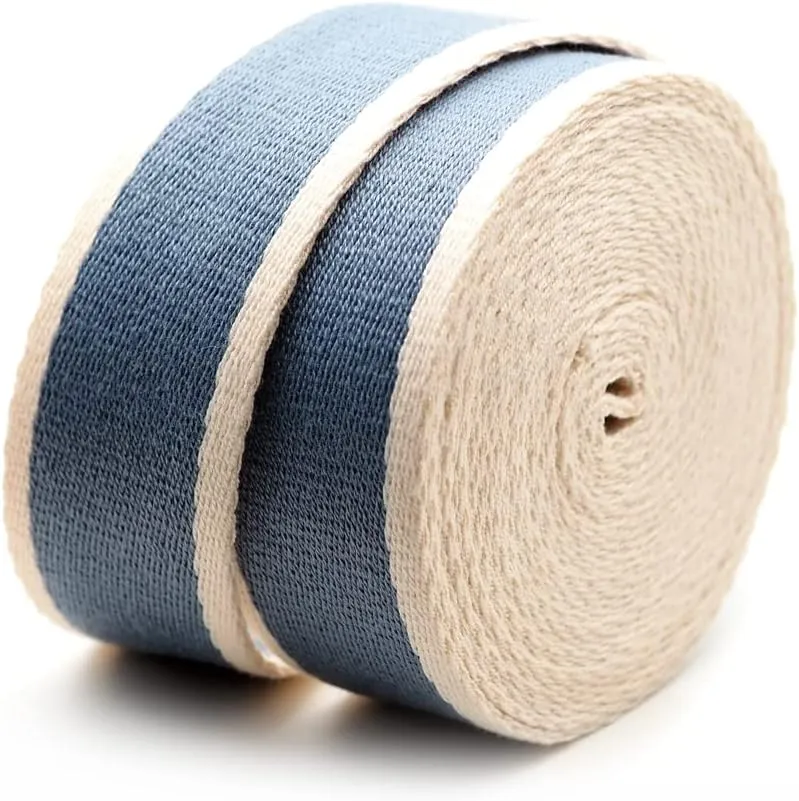 CRAFTMEMORE 1 1/2 Inches Cotton Webbing Strap, Two Tone Heavy Webbing Straps for Arts and Crafts, Luxury Bag Strap (5 Yards, Blue-Ivory)