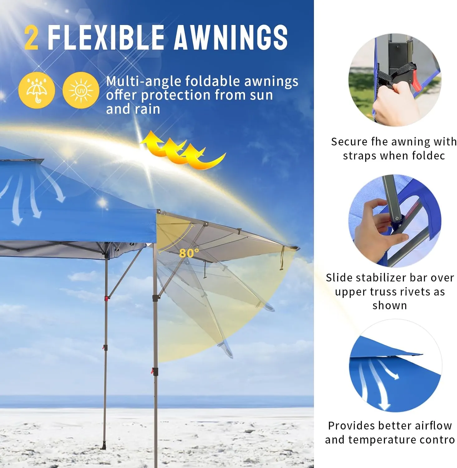 CROWN SHADES 10x10 Pop up Canopy Tent Patended Centerlock Instant Commercial Canopy with 150D Silver Coated Fabric Including 2 Extend Awnings, 4 Ropes, 8 Stakes, 4 Weight Bags, STO 'N Go Bag, Blue