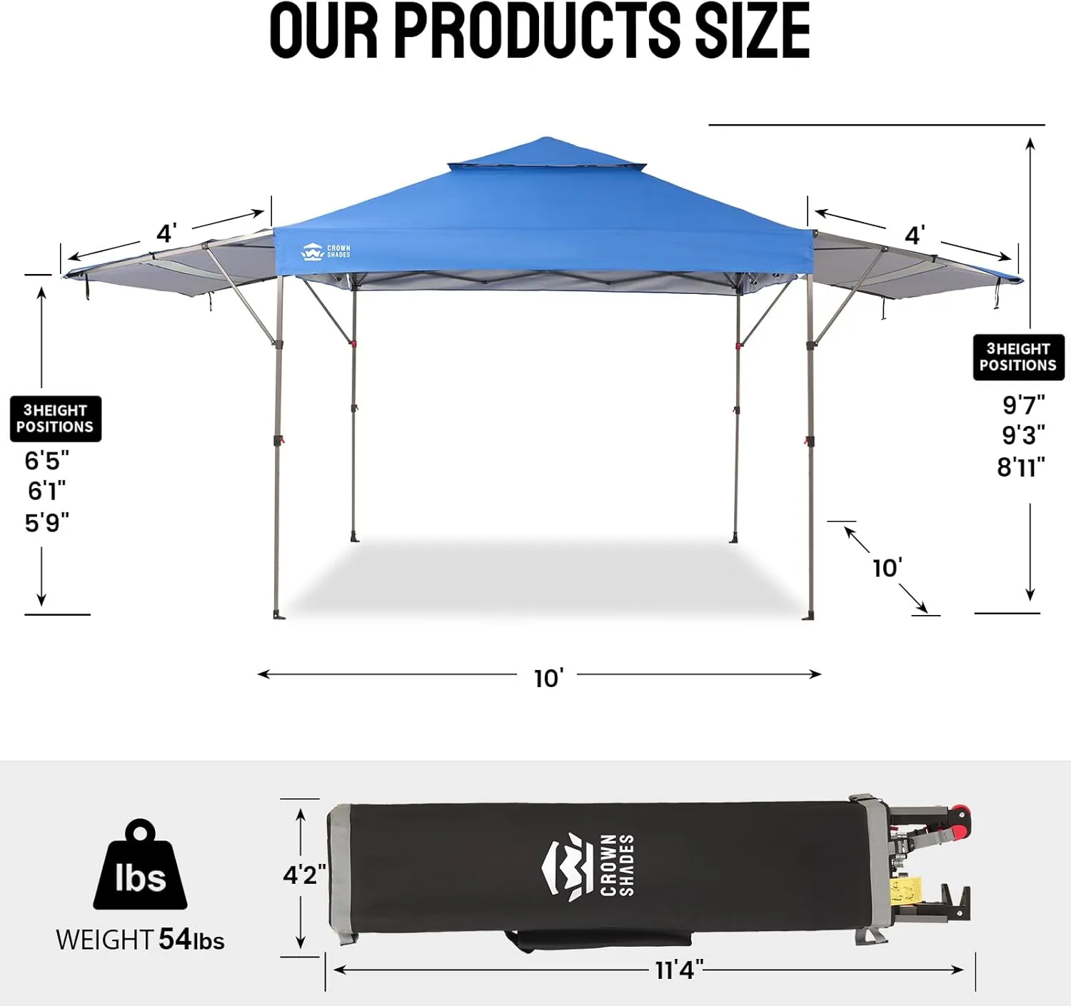 CROWN SHADES 10x10 Pop up Canopy Tent Patended Centerlock Instant Commercial Canopy with 150D Silver Coated Fabric Including 2 Extend Awnings, 4 Ropes, 8 Stakes, 4 Weight Bags, STO 'N Go Bag, Blue