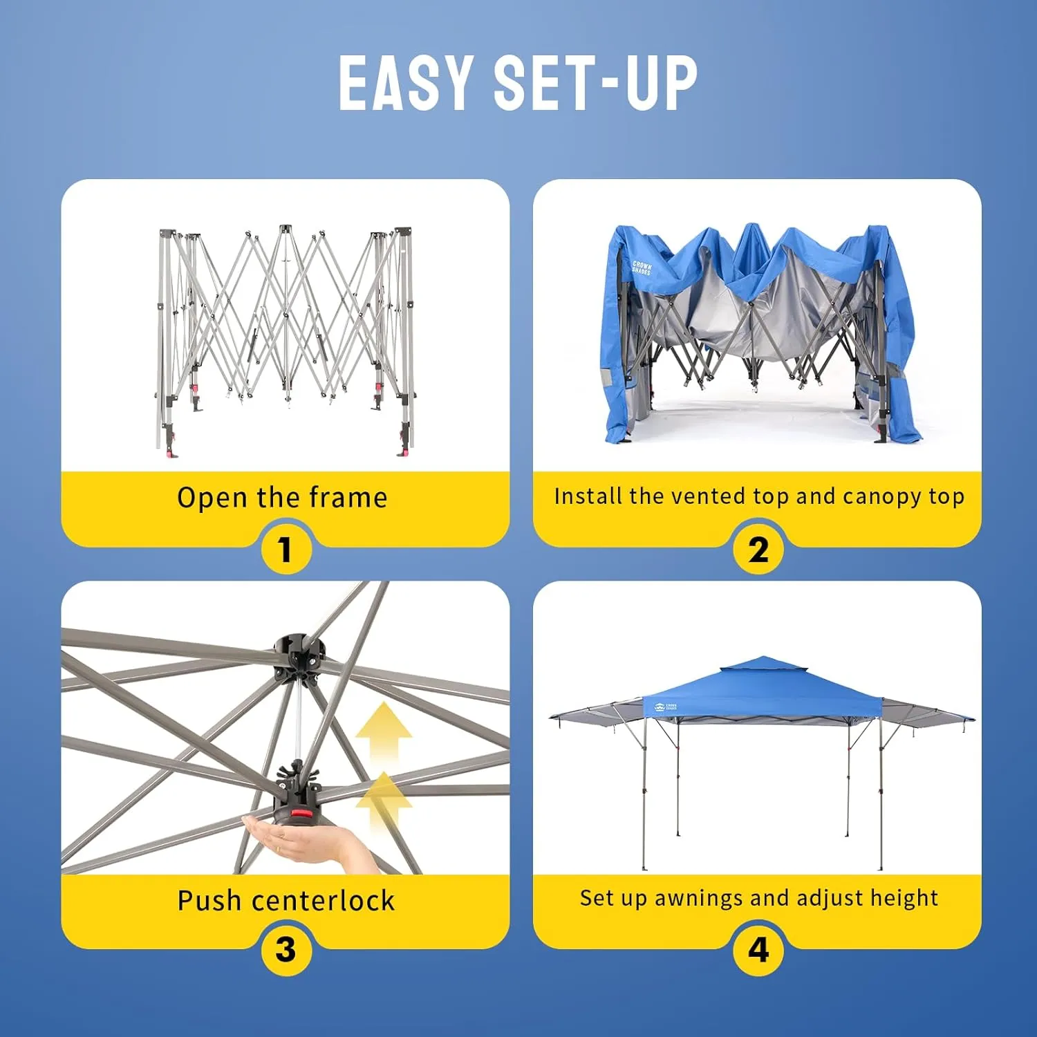 CROWN SHADES 10x10 Pop up Canopy Tent Patended Centerlock Instant Commercial Canopy with 150D Silver Coated Fabric Including 2 Extend Awnings, 4 Ropes, 8 Stakes, 4 Weight Bags, STO 'N Go Bag, Blue