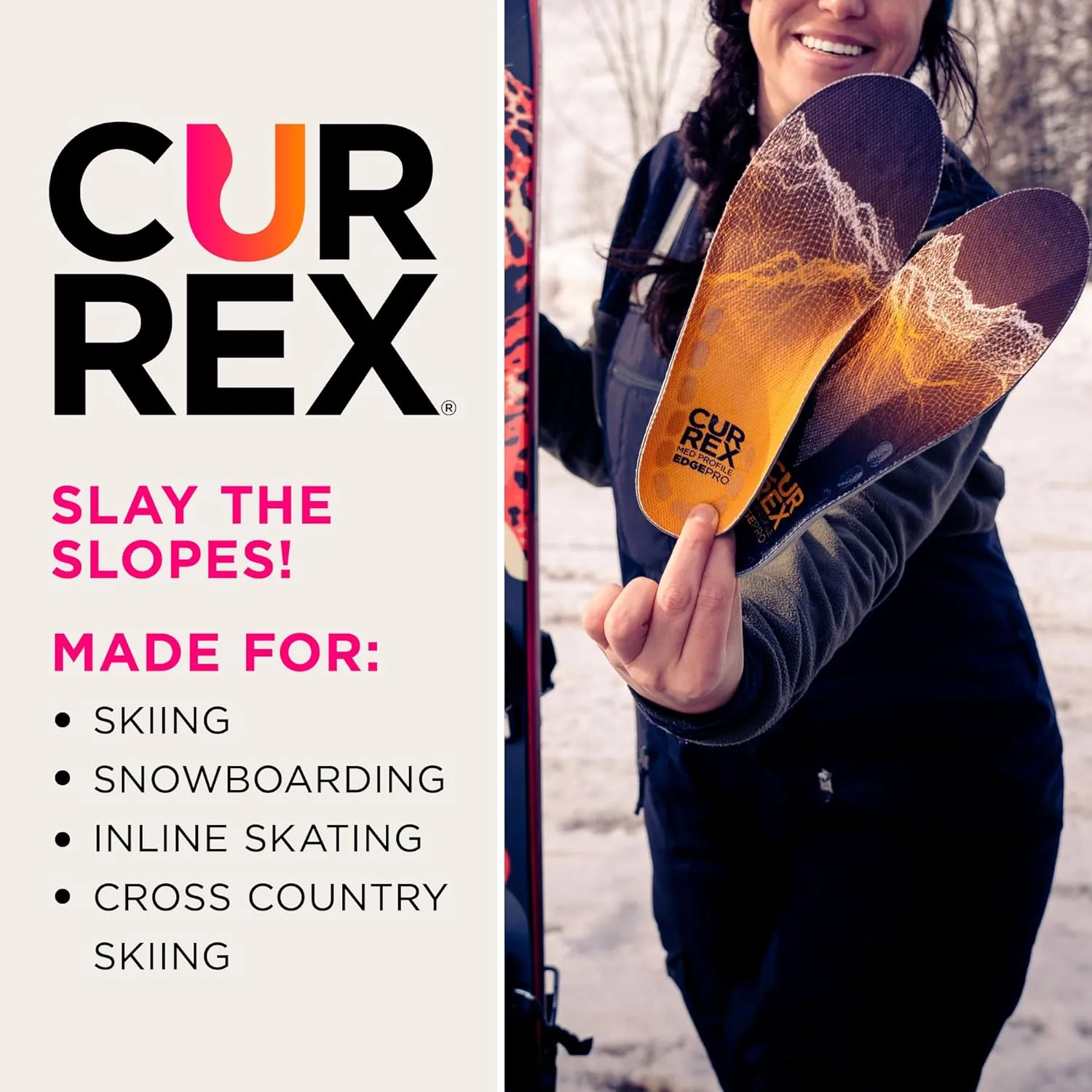 CURREX EdgePro Thermo Regulating Ski Boot Insoles for Snowboarding, Skiing, & Winter Sports – Ski Boot Inserts with Shock Absorbing Cushioning – for Men & Women – High Arch, Small