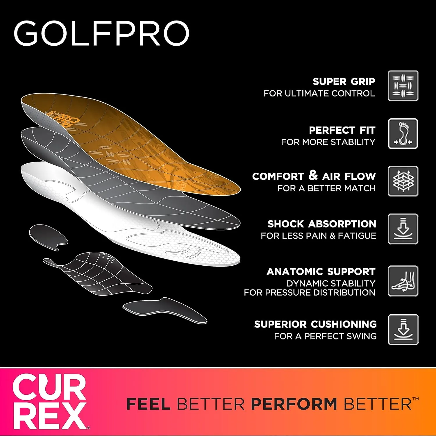 CURREX GolfPro Insoles for Golf Shoes – Arch Support Inserts to Improve Balance, Stability, Comfort & Performance, Help with Foot & Heel Pain Relief – for Men & Women – High Arch, Large