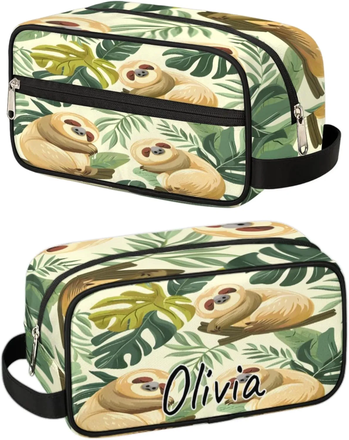 Custom Funny Sloth Makeup Bag with Name Personalized Waterproof Toiletry Bag Customized Jungle Cute Sloth Cosmetic Bag for Women Men
