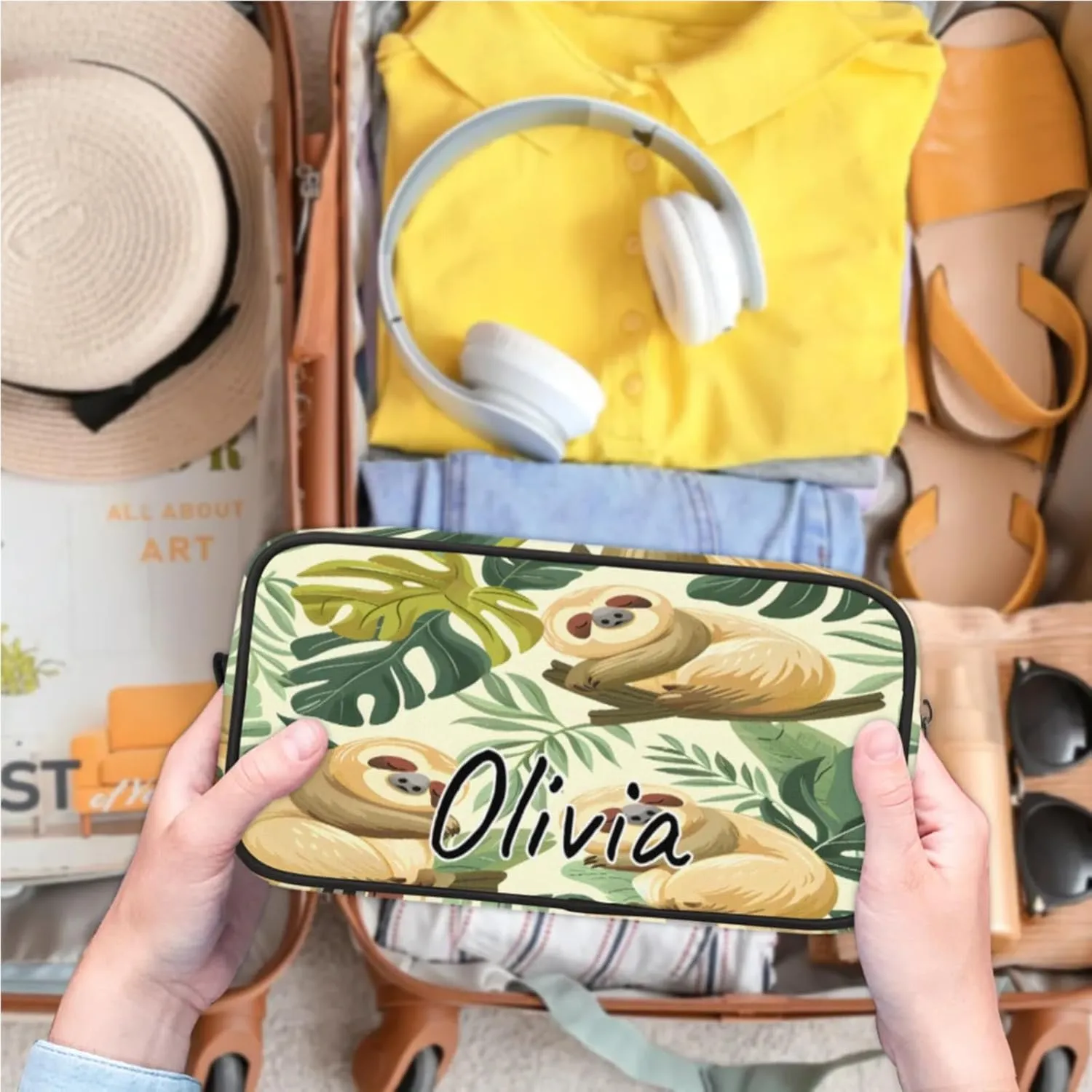 Custom Funny Sloth Makeup Bag with Name Personalized Waterproof Toiletry Bag Customized Jungle Cute Sloth Cosmetic Bag for Women Men
