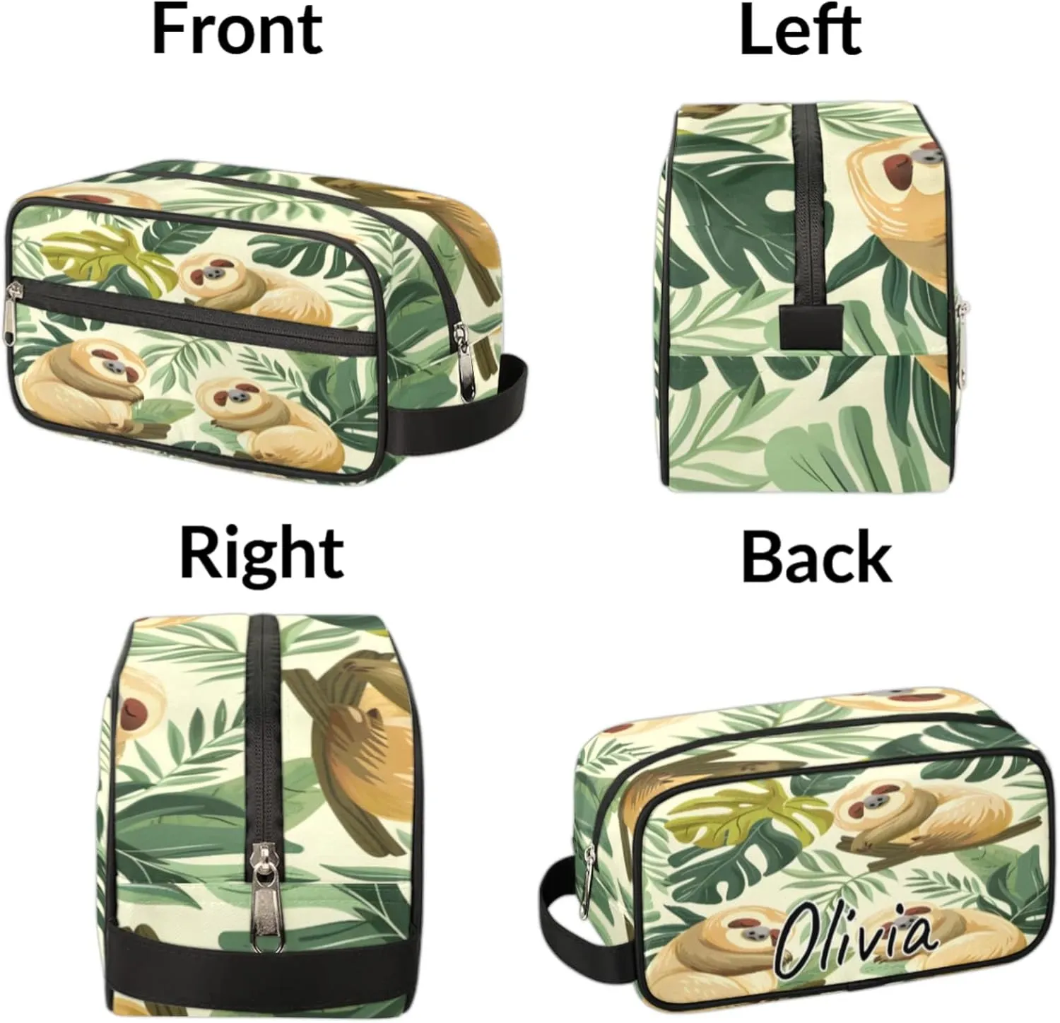 Custom Funny Sloth Makeup Bag with Name Personalized Waterproof Toiletry Bag Customized Jungle Cute Sloth Cosmetic Bag for Women Men
