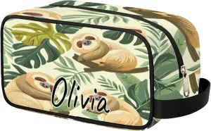 Custom Funny Sloth Makeup Bag with Name Personalized Waterproof Toiletry Bag Customized Jungle Cute Sloth Cosmetic Bag for Women Men
