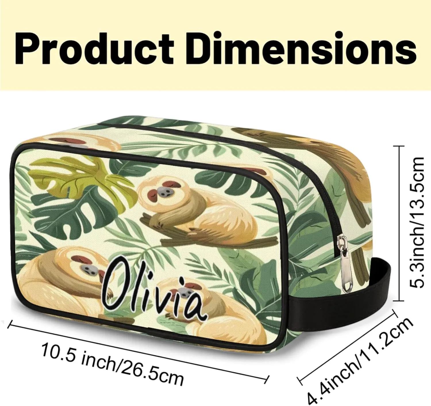 Custom Funny Sloth Makeup Bag with Name Personalized Waterproof Toiletry Bag Customized Jungle Cute Sloth Cosmetic Bag for Women Men