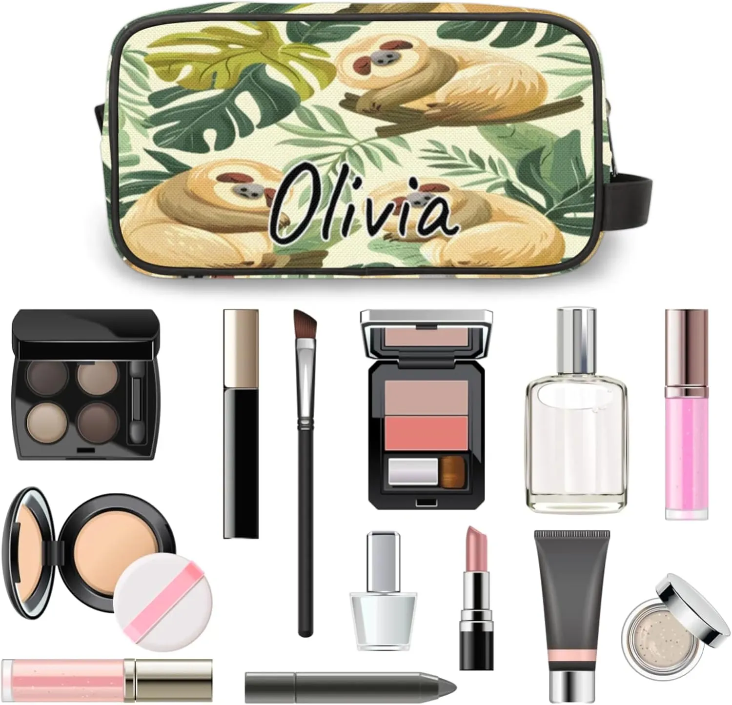 Custom Funny Sloth Makeup Bag with Name Personalized Waterproof Toiletry Bag Customized Jungle Cute Sloth Cosmetic Bag for Women Men