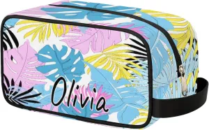 Custom Tropical Palm Leaves Makeup Bag with Name Personalized Waterproof Toiletry Bag Customized Summer Cosmetic Bag for Women Men
