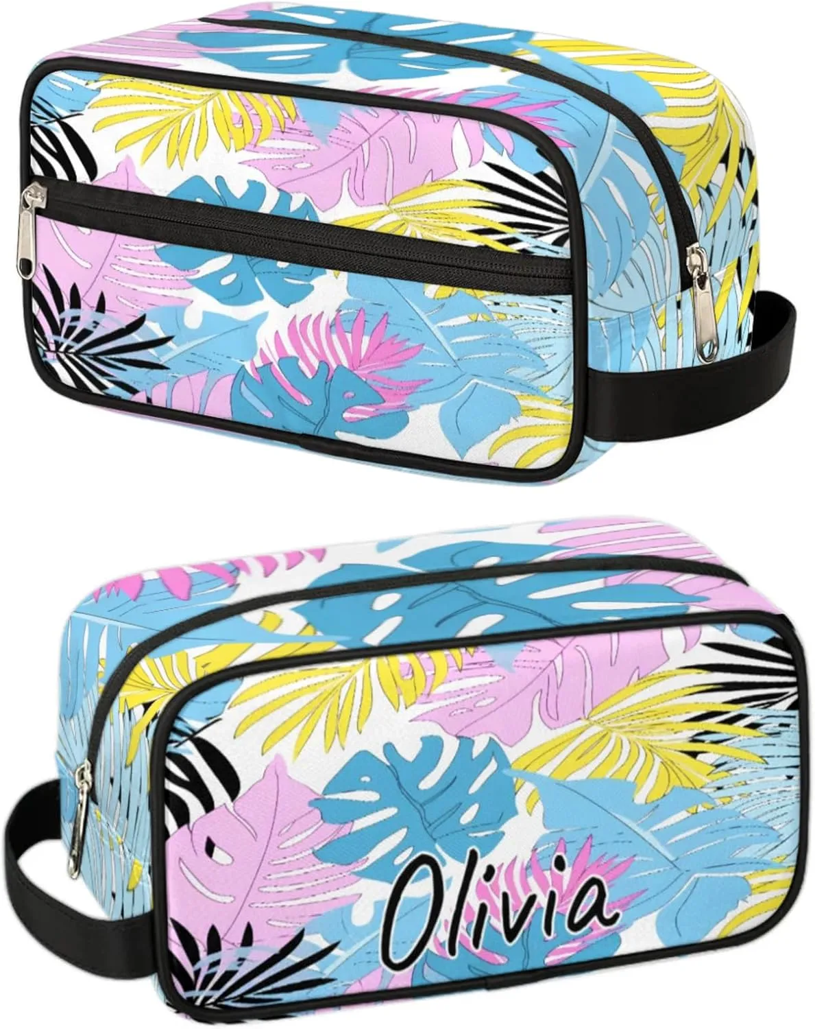 Custom Tropical Palm Leaves Makeup Bag with Name Personalized Waterproof Toiletry Bag Customized Summer Cosmetic Bag for Women Men