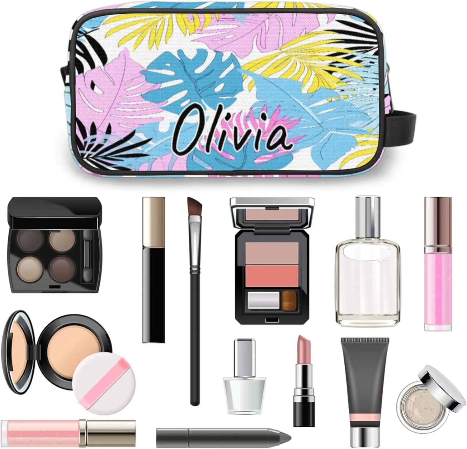 Custom Tropical Palm Leaves Makeup Bag with Name Personalized Waterproof Toiletry Bag Customized Summer Cosmetic Bag for Women Men