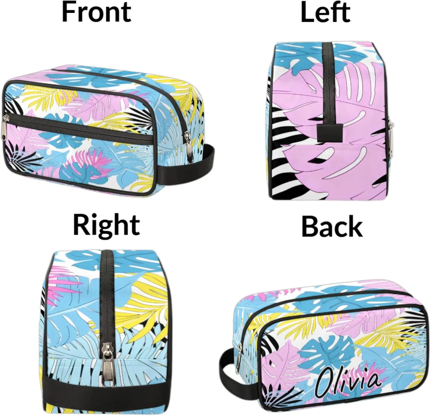 Custom Tropical Palm Leaves Makeup Bag with Name Personalized Waterproof Toiletry Bag Customized Summer Cosmetic Bag for Women Men