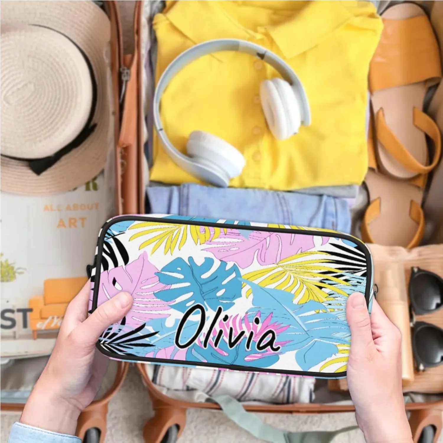 Custom Tropical Palm Leaves Makeup Bag with Name Personalized Waterproof Toiletry Bag Customized Summer Cosmetic Bag for Women Men