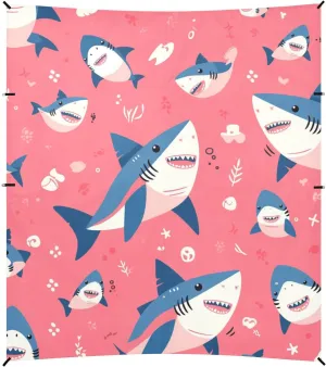 Cute Sharks Face Pink Beach Canopy UPF50  Waterproof Shade Sun Shelter with Sandbags, Sand Shovel, Poles for Backyard, Grassland, Park