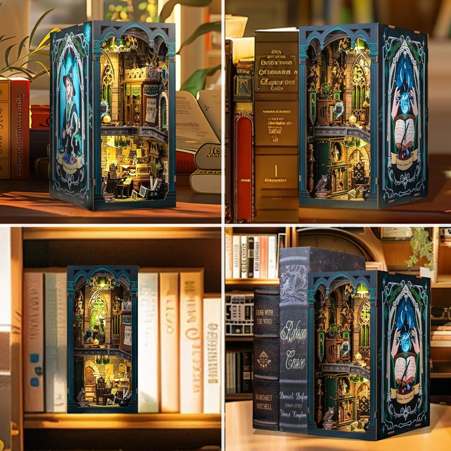 Cutefun Book Nook Kit, 3D Wooden Puzzle DIY Miniature House Kit, Book Nook Kits for Adults, Booknook w/LED Light Dust Cover, Dollhouse Bookshelf Insert Decoration (Darkness Common Room)