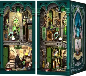 Cutefun Book Nook Kit, 3D Wooden Puzzle DIY Miniature House Kit, Book Nook Kits for Adults, Booknook w/LED Light Dust Cover, Dollhouse Bookshelf Insert Decoration (Darkness Common Room)
